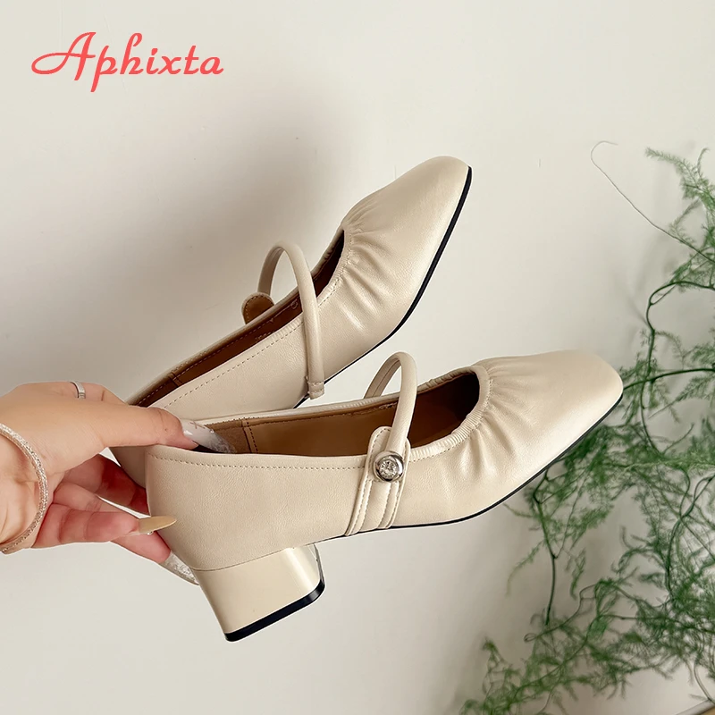 Aphixta Square Toe Shallow Woman Shoes Slip On Pleated 4.5CM Med Heels Shoes For Womens  Elegant Pumps Autumn Ladies Shoes
