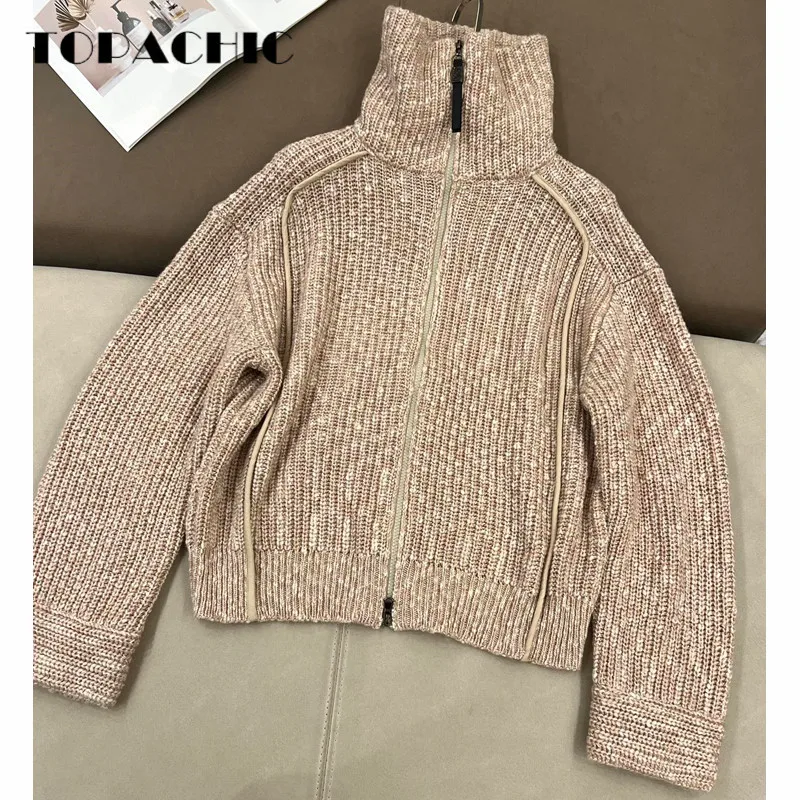 

9.20 TOPACHIC Fashion New Coarse yarn Knitted Turtleneck Zipper Short Cardigan Coat Women's