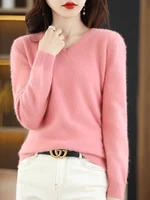 LHZSYY Super Warm 100% Mink Cashmere Women Sweaters V-Neck And Pullovers Winter High Elasticity Soft Tops Casual Basic Jumper 2