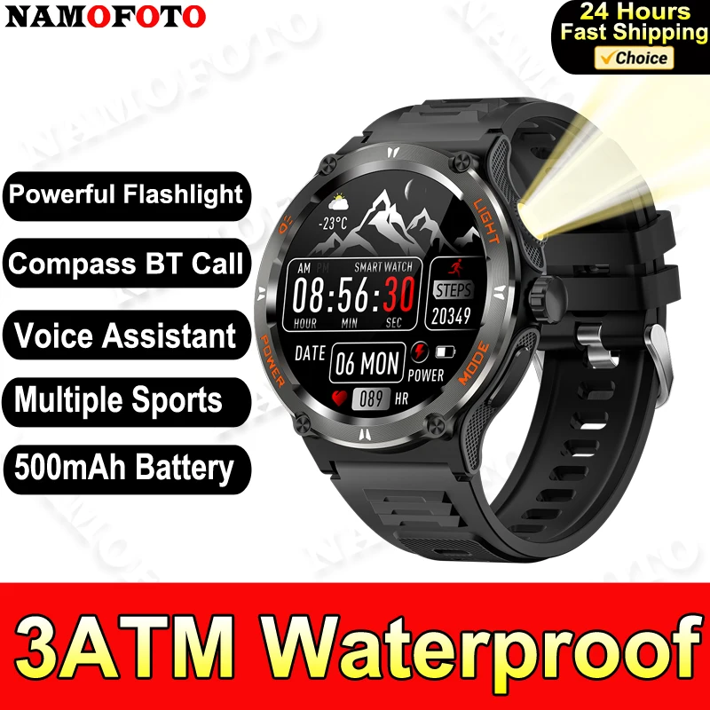 

2024 New Strong Flashlight Smart Watch 3ATM Waterproof Clock Men Outdoor Sports SOS Wristwatch BP HR Bluetooth Call Smartwatch