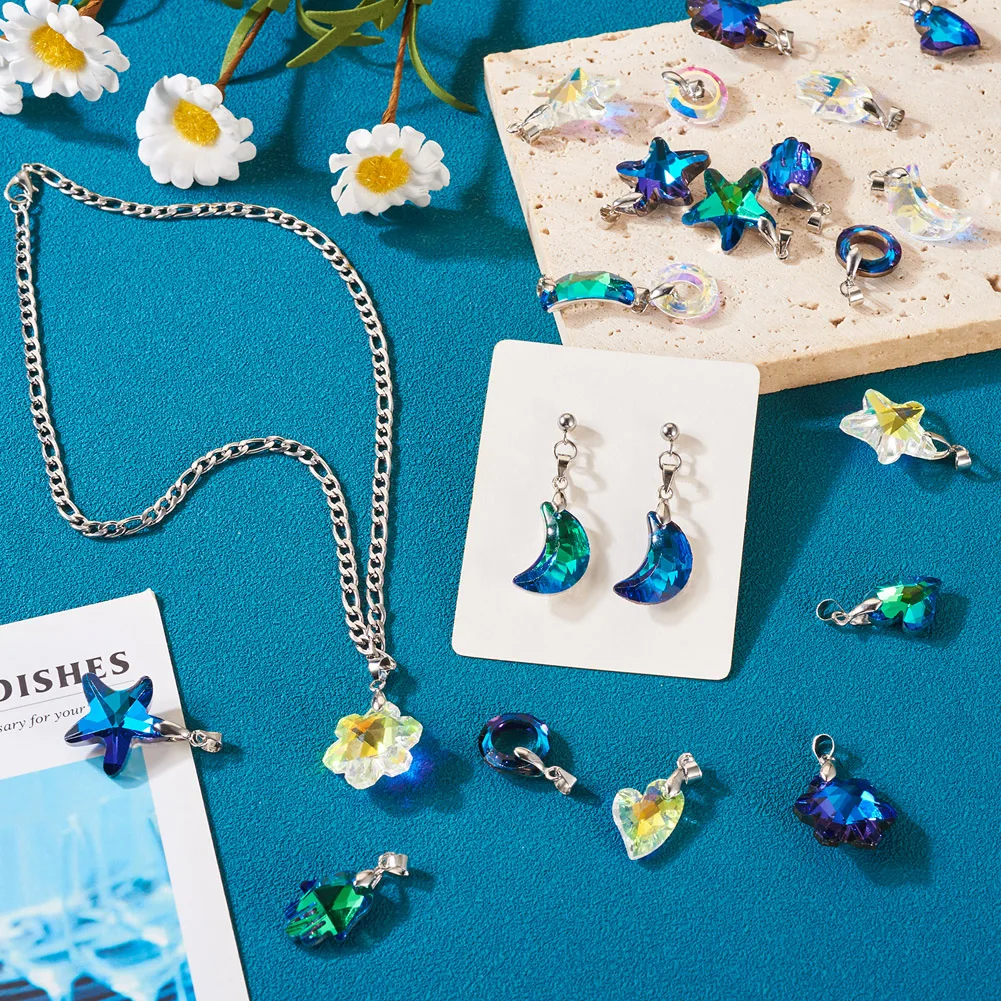 36pcs Mixed Electroplate Glass Pendants Starfish Donut Moon Hand Glass Charms for Earrings Necklace DIY Jewelry Making Findings