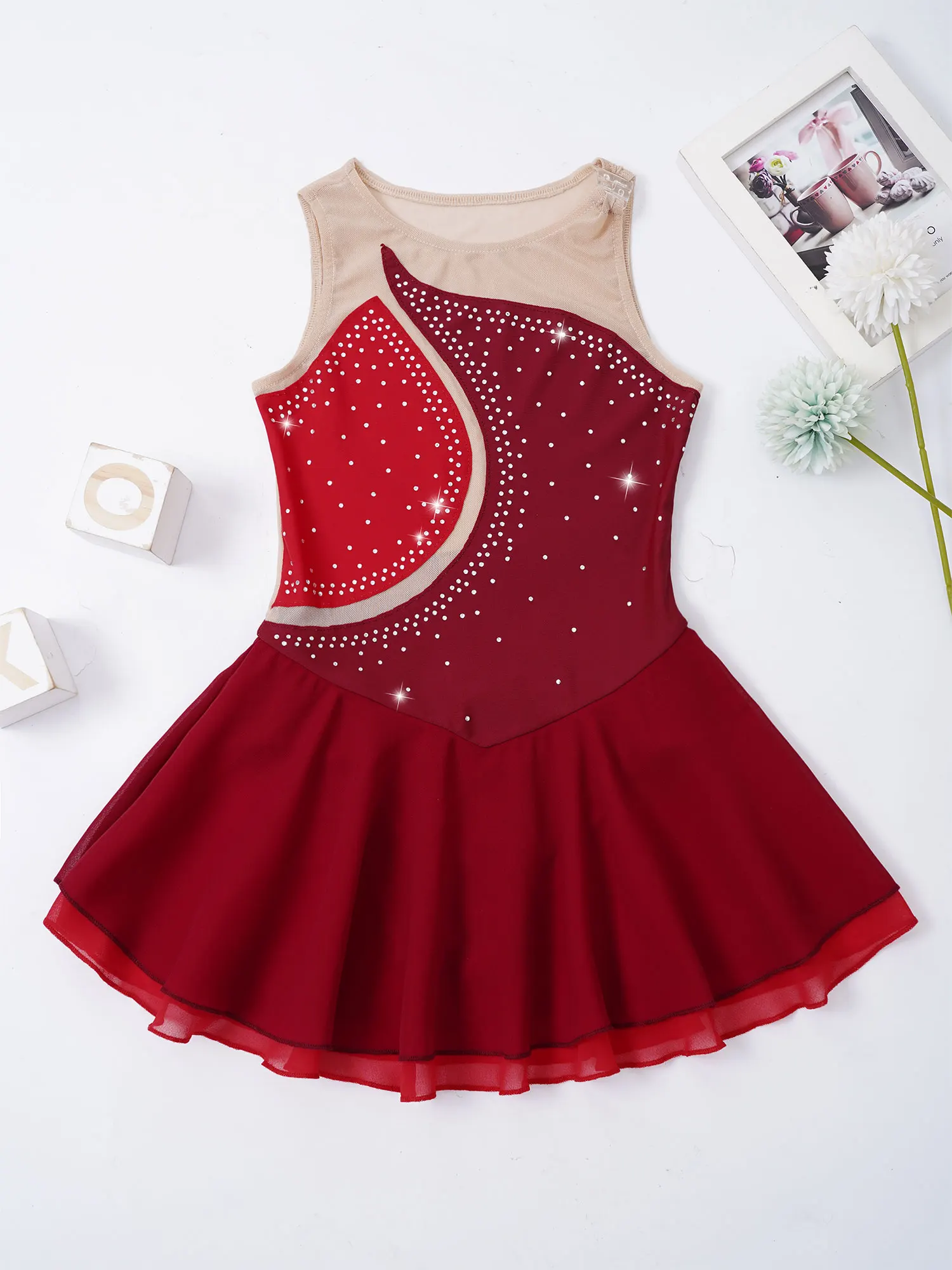 Ice Skating Ballet Dance Costumes for Kids Girls with Mesh Splice Rhinestone Figure