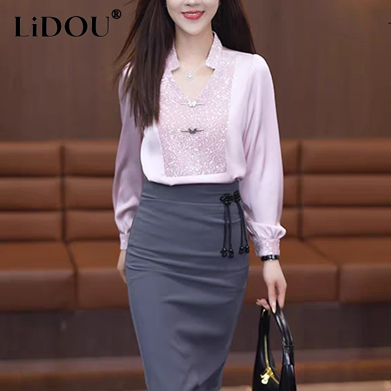 

Summer New Chinese Style Sequis Patchwork Vintage Shirt Ladies Long Sleeve Elegant Fashion Pullover Blouse Women Temperament Top
