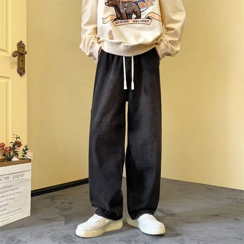 

Black Retro Harbour Style Washed Straight Wide-Leg Jeans Loose Big Pocket Couple Hip Hop Street Denim Pants Male