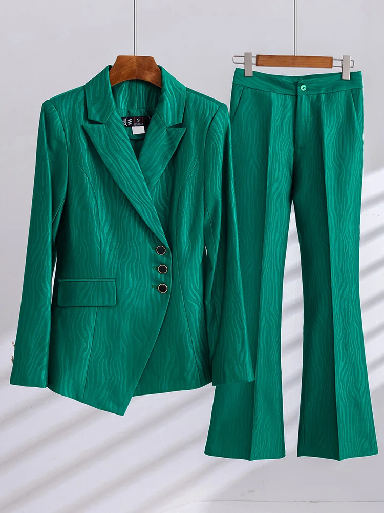 

Autumn Winter Women Pant Suit Ladies Business Work Wear 2 Piece Set Female Khaki Green Black Striped Formal Blazer And Trouser