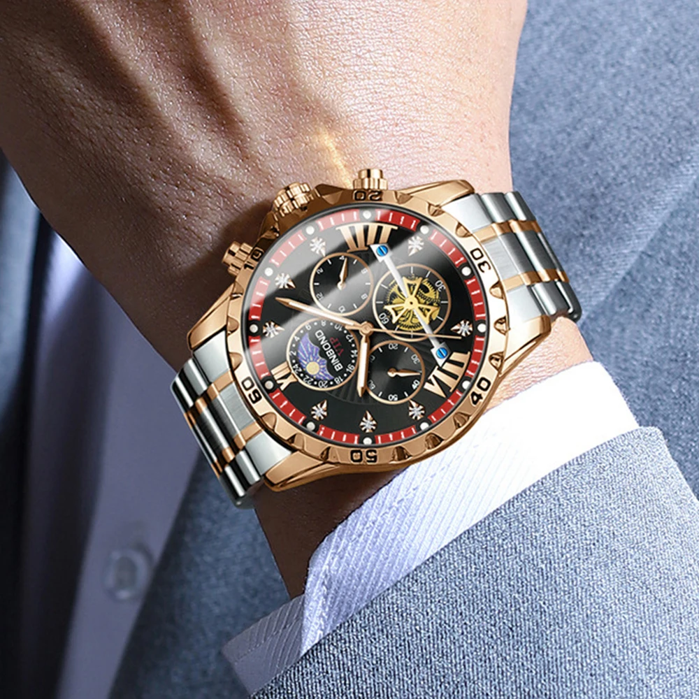 BINBOND Lurury Men's Watches Trend Fashion Original Quartz Watch for Man Flywheel Style Chronograph Waterproof Moon Phase Dress - Image 4