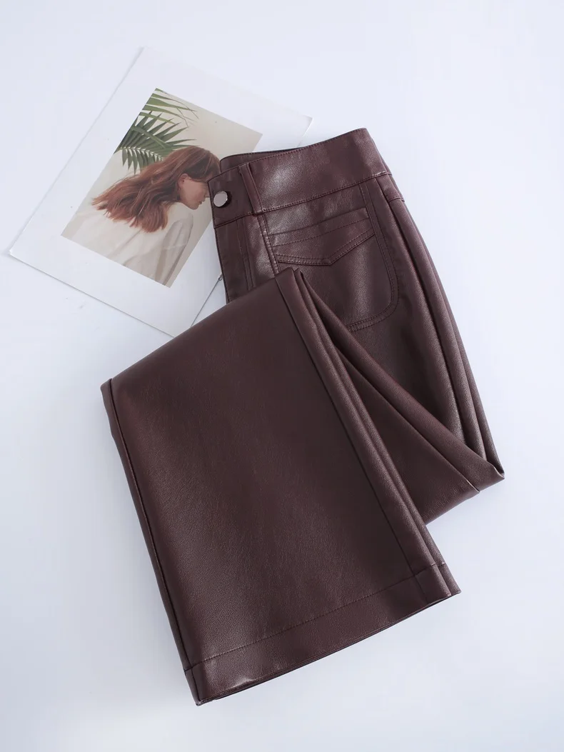 ZUZK Fashion Slimming Pu Leather Flare Pants New Women High Waist Flare Pants PU Leather Trousers Large Size Fashion Warm Pants 83 S97f9f9242c5545cab6c47a396244a2899