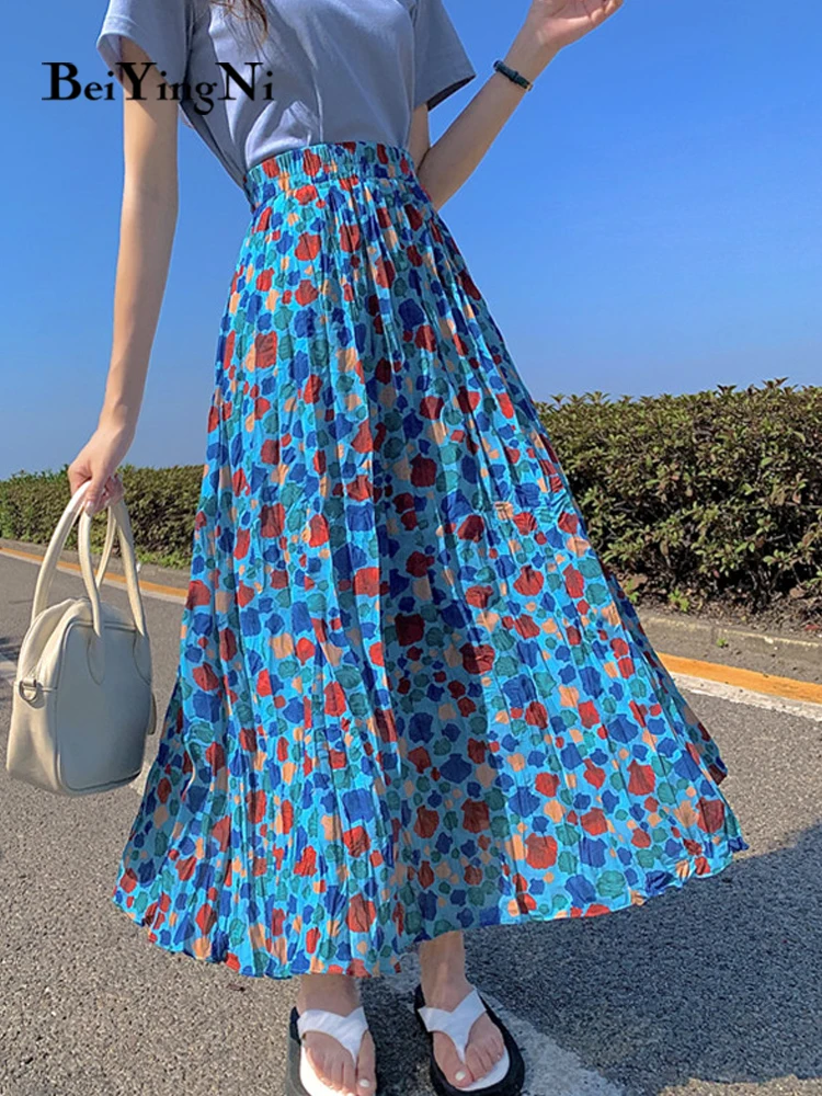 Beiyingni High Waist Skirt Women Vintage Floral Printed Casual Korean Xl4xl Skirts Ladies 2020