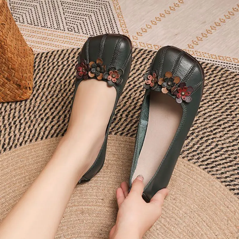 Square Toe Genuine Leathe Ballet Flats Women Vintage Loafers Middle Aged Woman Comfortable Moccasins Ladies Casual Driving Shoes