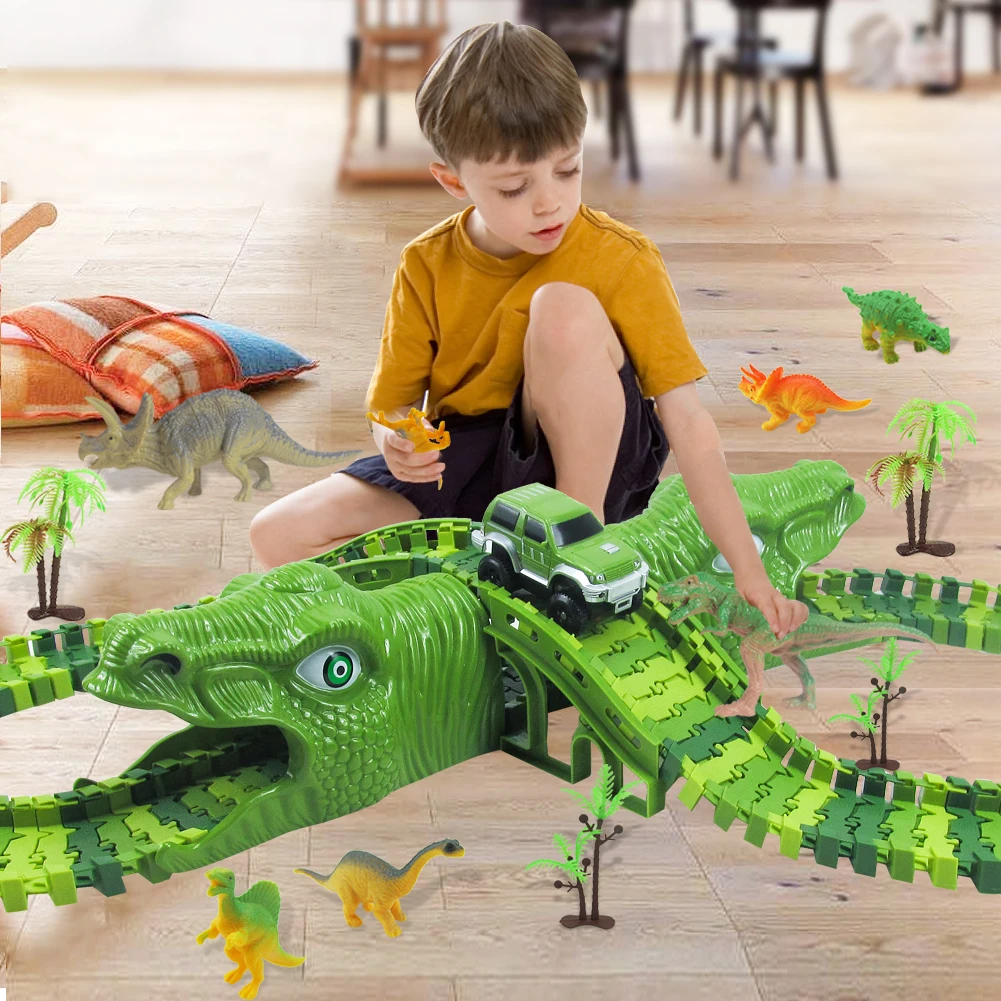 153Pcs New Cool Dinosaur Race Track Road Railway Magical Racing Track Set Toy Bend Flexible Diecast Vehicle Toys for children