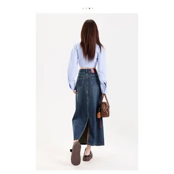 Jupe longue en jean taille haute bleu clair brodée pour femme, coupe ajustée, style streetwear décontracté et tendance