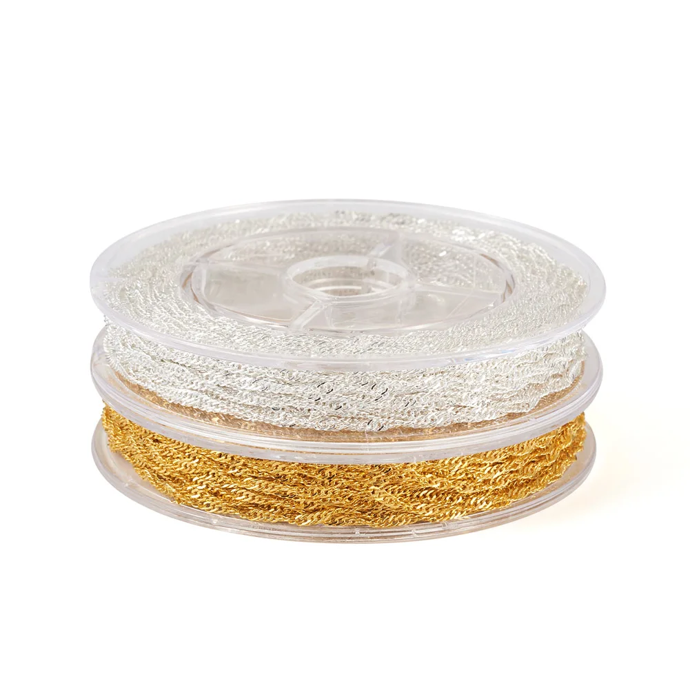 

Pandahall 24M 2 Colors Soldered Brass Coated Iron Singapore Chains Water Wave Chains with Spool For Jewelry Making Gift