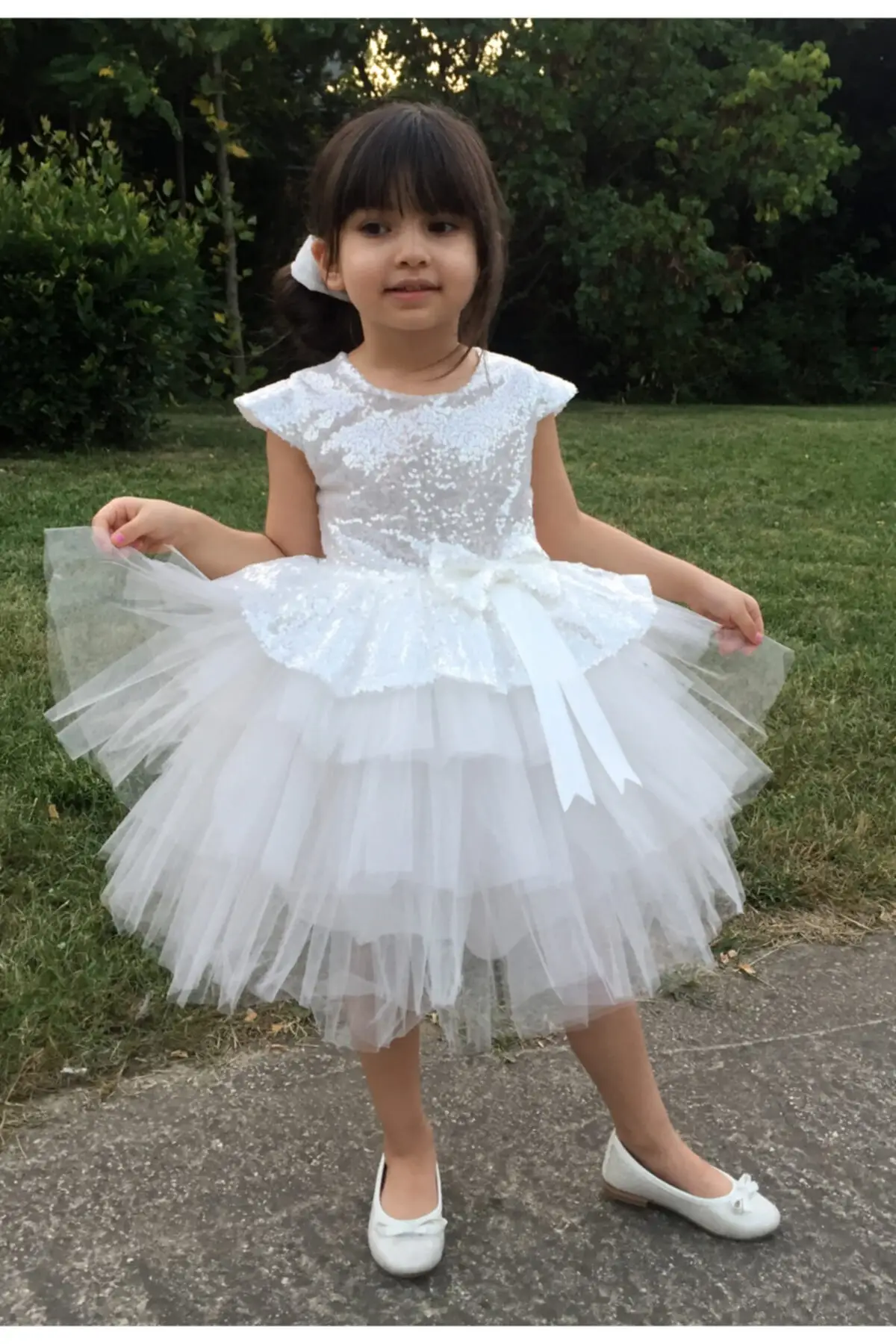 

Girl Kid's White Sequin Birthday Evening Dress Dress Short Sleeve Non-Pocket Linned Clothing