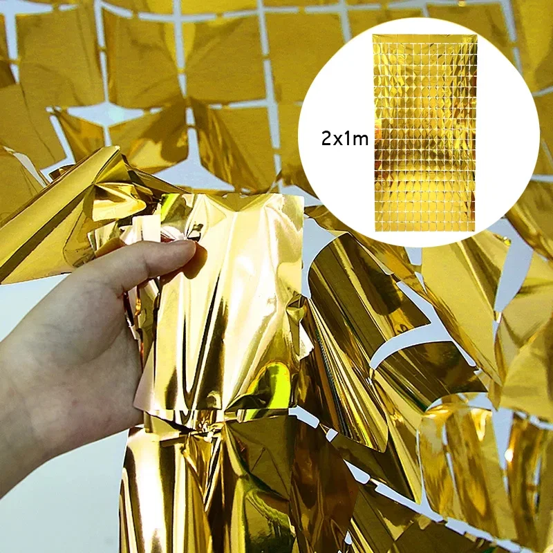 Lot De 2 Rideaux En Feuille D'or Scintillante - Décoration De Fête - Accessoires De Photomaton Carrés Métalliques Pour Anniversaire, Noël, Remise De