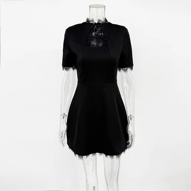 TARUXY Sexy Lace Spliced Stand Collar Dress Women Summer Solid Slim High Waist Short Sleeves Leisure Dress Female Party Dress 6