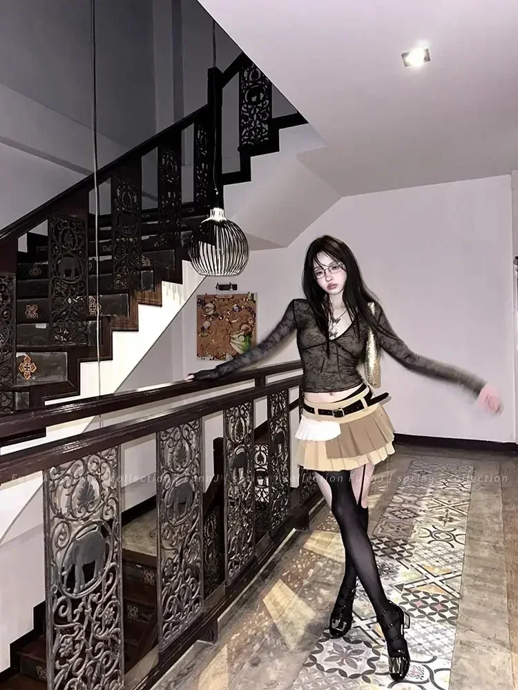 Korean Fashion Crop Top y2k Aesthetic Sweet Lace Patchwork Long Sleeve T Shirt with Bow 2000s Women Clothes Streetwear