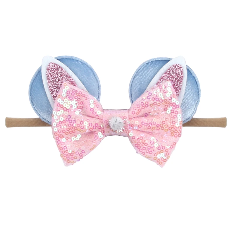 Cute Velvet Mouse Ears Sequins Hair Bow Baby Nylon Headband Girls Hair Band Kids Hair Accessories Bunny Ears Festival Headwear