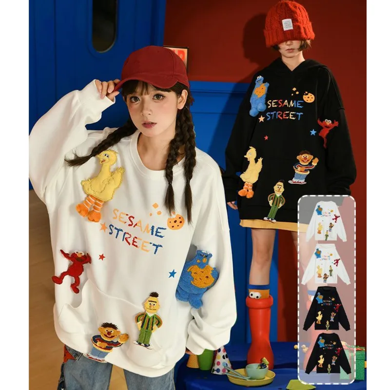 Cartoon Sesames Streets Doll Pullover Korean Fashion Hoodied Shirt High Street Sweatshirt Vintage Oversized Streetwear Outerwear