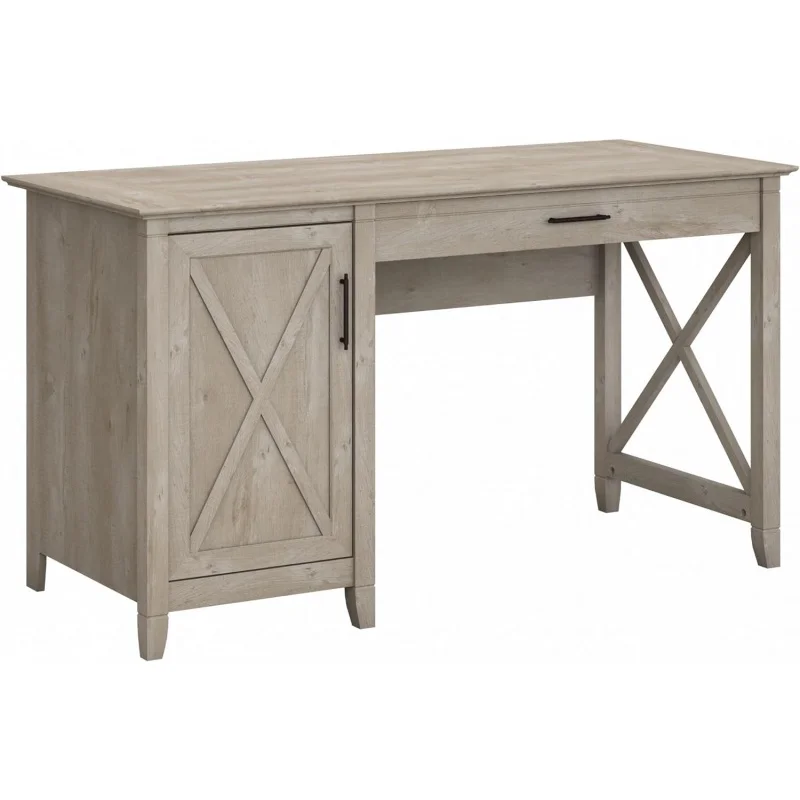 

Bush Furniture Key West Computer Desk with Storage, Farmhouse PC Table for Home Office in Washed Gray, 54W x 24D