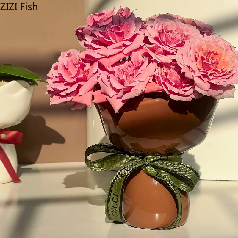Creative Rose Flower Shape Ceramic Vase Desk Decoration Flowers Arrangement Girding Decorative Floral Vases Room Aesthetic Decor 4