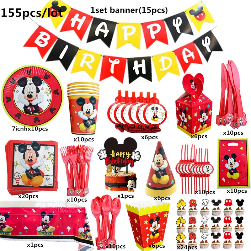 1Set Red Mickey Mouse Theme Disposable Paper Cups Plates Flexible Straws Baby Shower Kid Birthday Napkin Decoration Supplies 