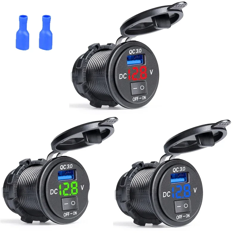 QC3.0 Quick Car Charger Socket with On/Off Switch 12V/24V Waterproof Car Power Outlet Socket for Motorcycle Marine Boat RV ATV