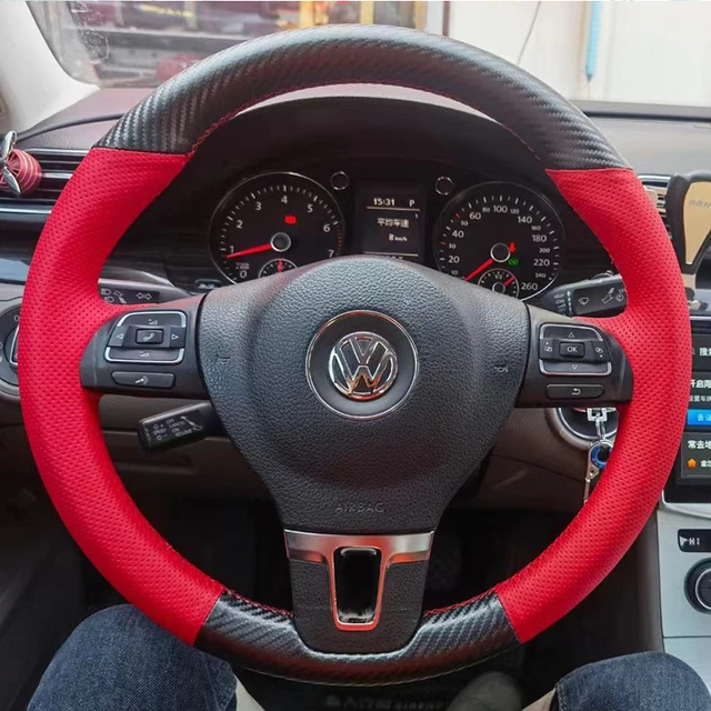 for Volkswagen VW Golf Tiguan Passat B7 CC Touran Hand-stitched Black  carbon fibre red Genuine Leather car Steering Wheel Cover - AliExpress