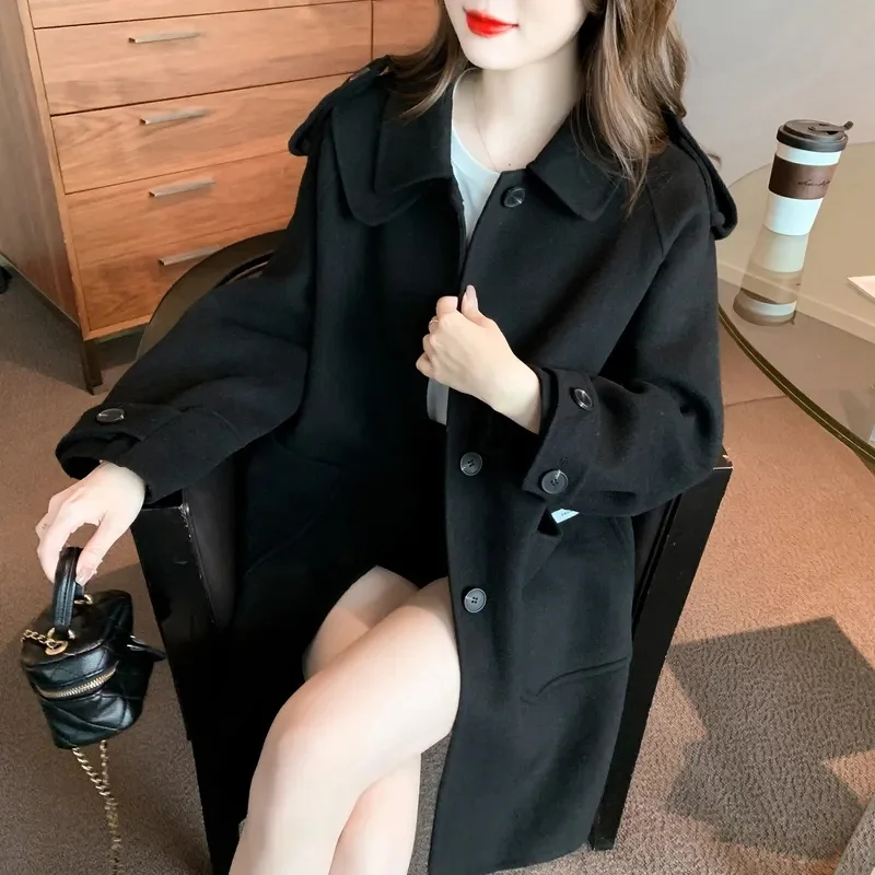 2023 Spring Korean Version Single Breasted Loose Fat mm Loose Thin Wool Coat Coat to Reduce age Female Coat Solid Color Commute
