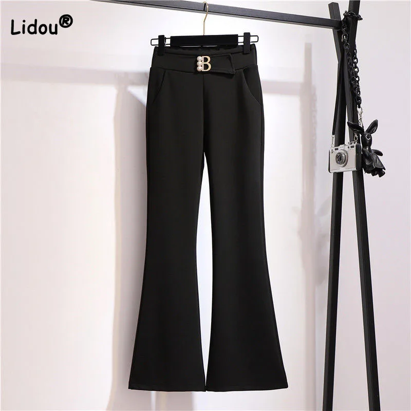 

Office Lady Beading Spliced Elastic Solid Color Flare Pants Spring Autumn New Korean Slim Suit Cropped Pants Women's Clothing