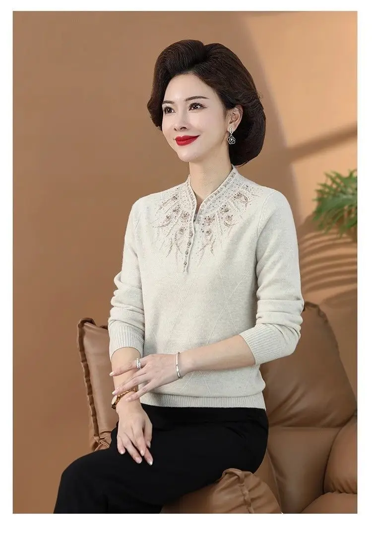 Women's Spring Autumn Sweater Diamond Keep Warm In Winter Plus Size Pullover Wool Korean Fashion Chinese Style Cheongsam Collar