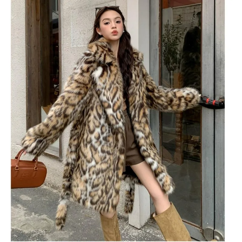 2023 Winter Animal Leopard Faux Fur Extra Long Coat Full Sleeve Bow Sashes Loose Warm Shaggy Jacket Loose Outerwear