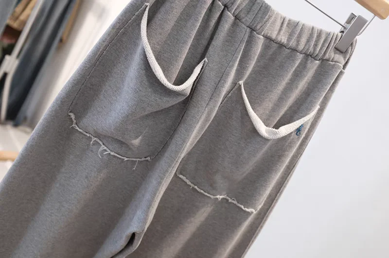 Autumn Gray Wide Leg Pants Women Casual Elastic Waist Loose Versatile Fringed Sweatpants Fashion Pockets Pleated Trousers A151