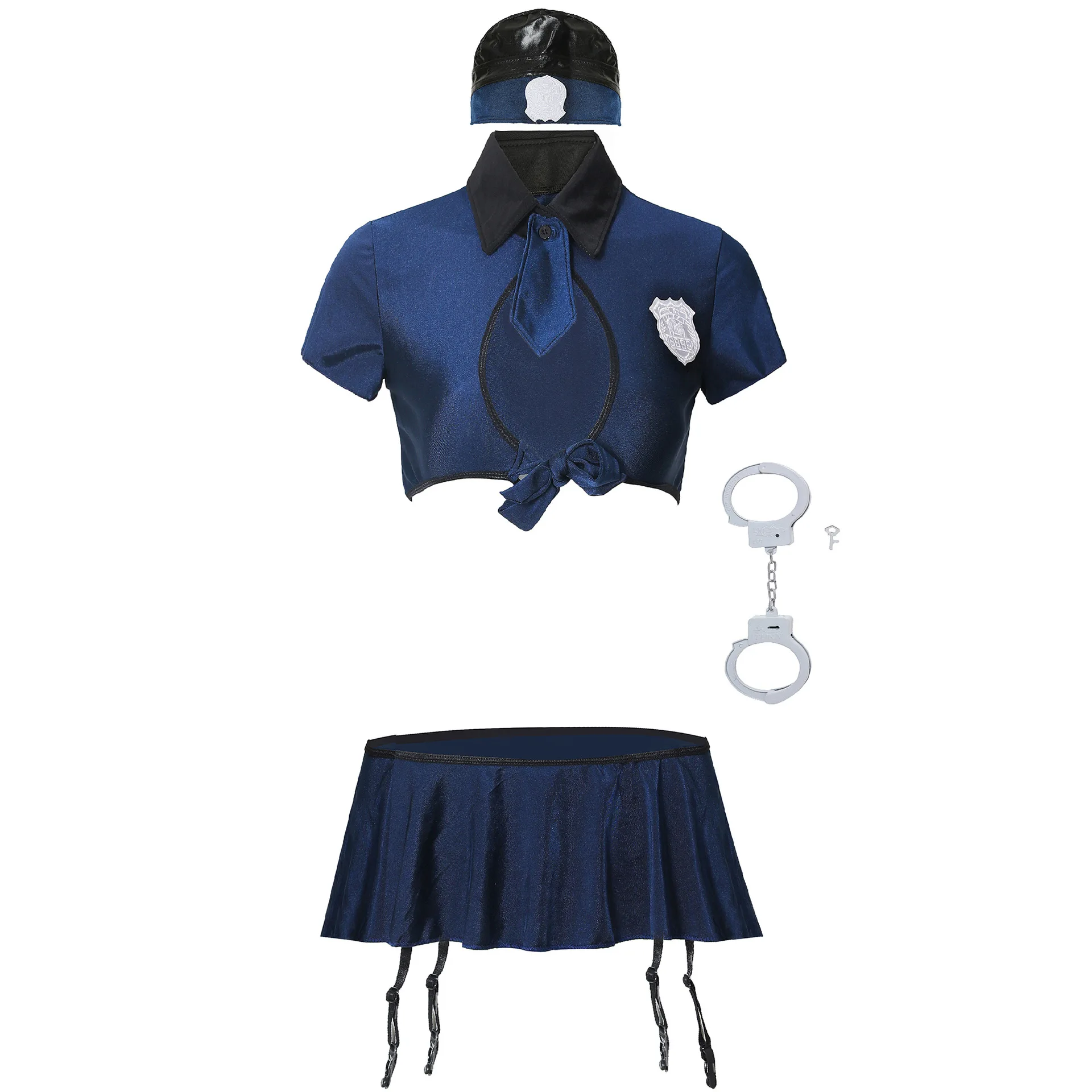 Women Sexy Police Uniform Erotic Lingerie Hollow Out Cop Cosplay Costume Policewoman Blue Short Top Mini Skirt Hat Handcuffs