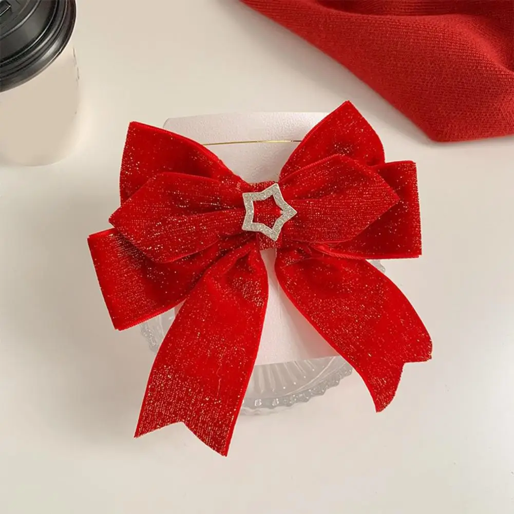 

Star Hair Barrette Festive Hair Barrette with Double-layered Bow Faux Pearl Bell Star Decor Christmas Style Anti-slip for Women