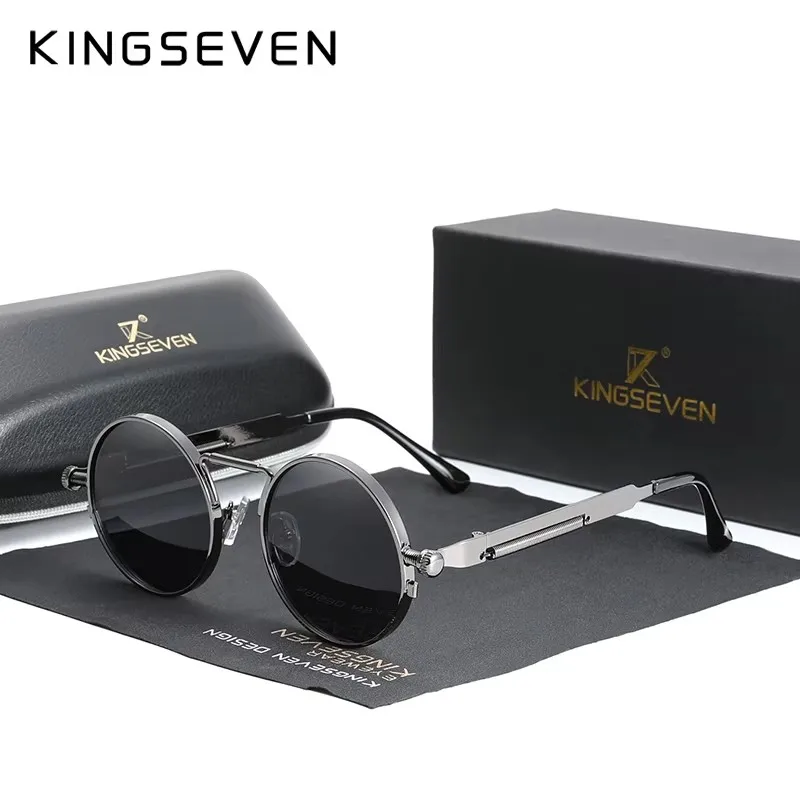 Lunettes de soleil polarisées gothique steampunk KINGSEVEN pour homme et femme monture métal ronde