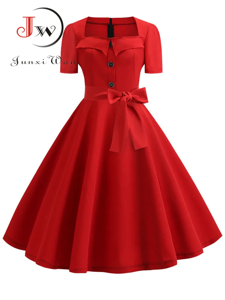 Vestido de verano para mujer, Vintage elegante vestido de los años 50 y Rockabilly Swing, Pinup, informal, rojo, para fiesta - AliExpress Ropa de mujer