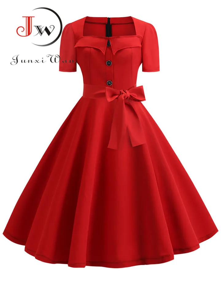 Vestido de verano para mujer, Retro Vintage elegante vestido de los años 60, Rockabilly Swing, Pinup, informal, rojo, fiesta - AliExpress