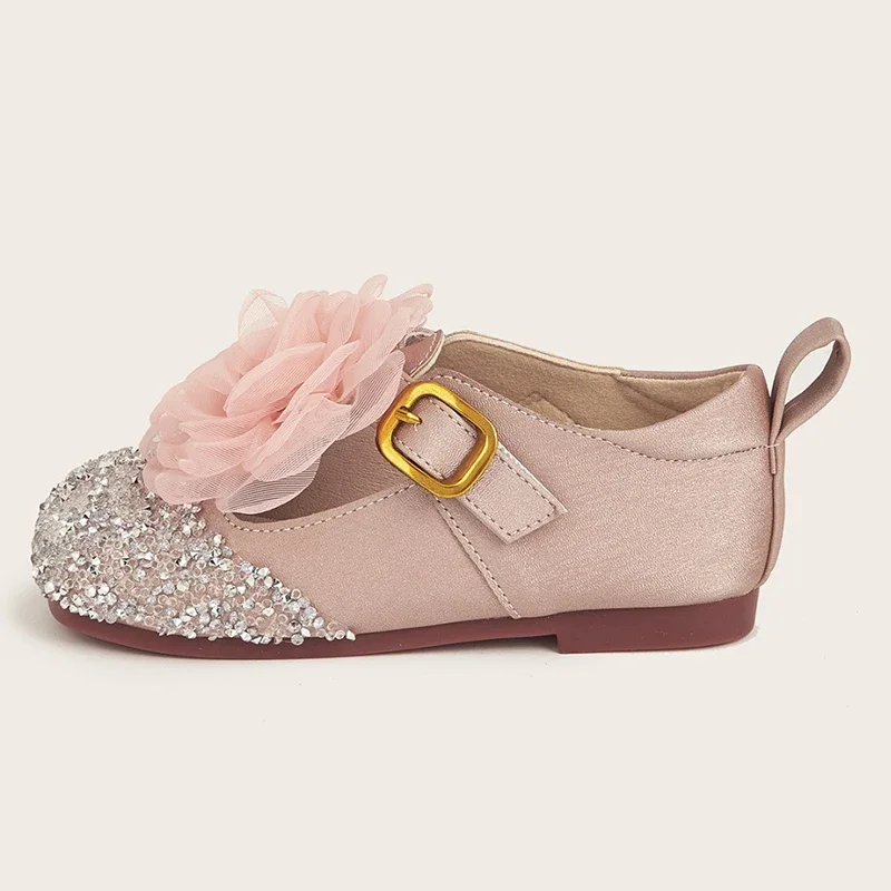 2025 New Fashion Flower Rhinestone Children's Leather Shoes Soft Soled Girls' Princess Shoes Fashion Flats 3-10 Years Old 5
