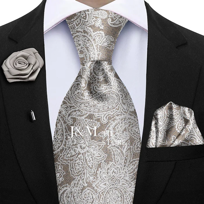 Champagner Gold-farbe Seide Herren Elegante Krawatten Mode Herren Krawatte Einstecktuch Manschettenknöpfe Brosche Set Business Party Hochzeit – Detail 25
