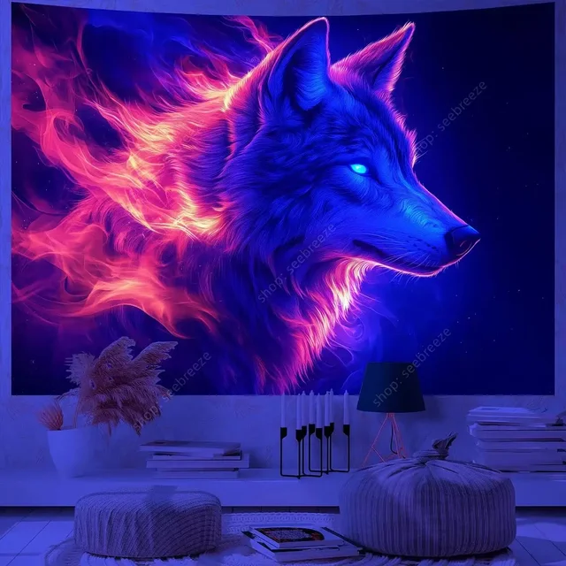 Tapisserie animale loup psychédélique, tapisserie réactive UV, tenture murale, décor de chambre Hippie, couverture de canapé, serviette de plage, cadeau pour ami 6