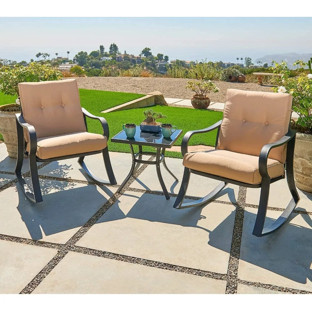 Outdoor Furniture 3 Piece Conversation Bistro Set Rocking Chairs and Glass Top Table, Thick Cushions, Black Steel 2