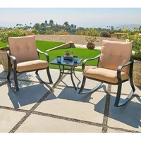 Outdoor Furniture 3 Piece Conversation Bistro Set Rocking Chairs and Glass Top Table, Thick Cushions, Black Steel 2
