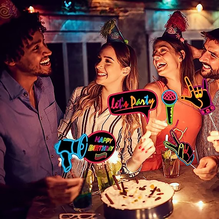 Glowing neon photo booth props with sticks that let us glow in the dark 16 party photo props party supplies fav
