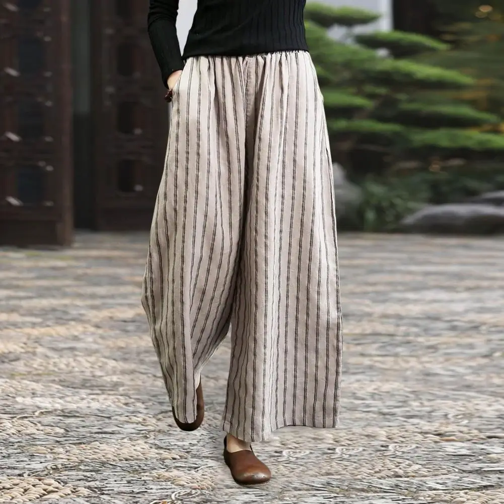 

Women Wide-leg Pants Elegant Vertical Striped Wide Leg Pants for Women High Waist Pockets Business Casual Style Long Trousers