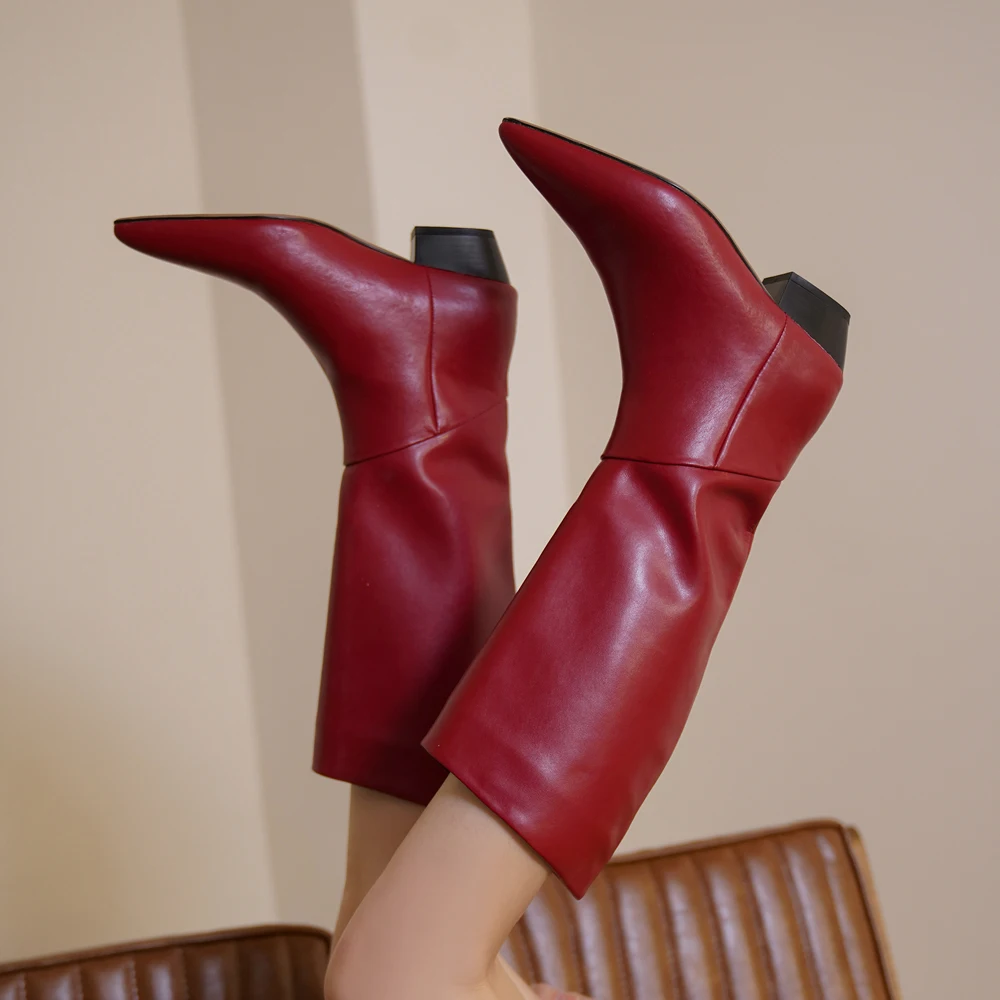 

Arden Furtado Spring Woman Knee high boots Genuine leather Pointed toe Slip on Chunky heels red Western boots Big circumference