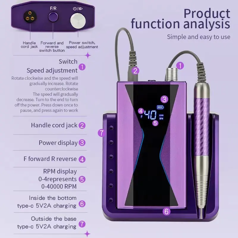 Brushless Nail Drill Lasting 40000RPM Nail Drill Machine 85W Handle Manicure Portable Tool Nail Drill 4