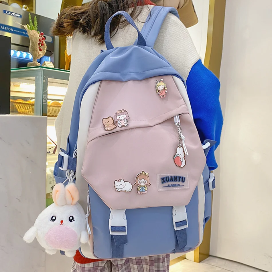 

2022 New Preppy Backpack Women Nylon Color Patchwork Rucksack for Teenage Girls Student Book Bag Satchel School Supplies Mochila