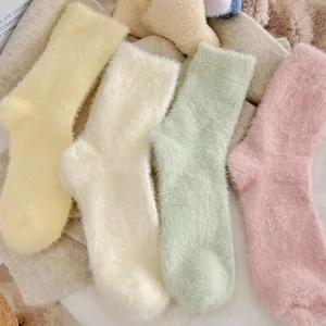 Candy Colors Mink Plush Socks For Women Girl Autumn Winter Warm Soft Velvet Middle Tube Socks Thermal Sleep Floor Slipper Sokken