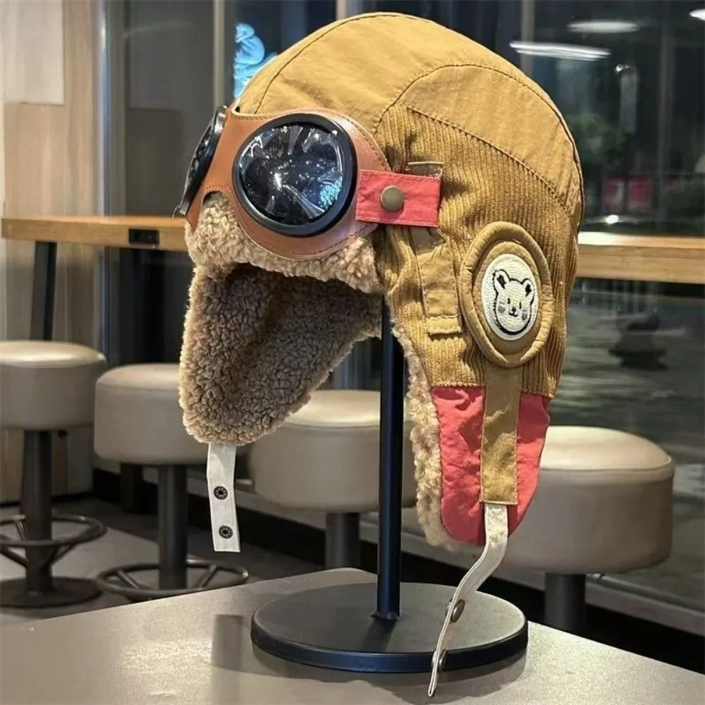 New Cute Cartoon Children Pilot Hat Windproof with Glasses Ear Protection Cap Thickned Cold Proof Warm Hat Winter