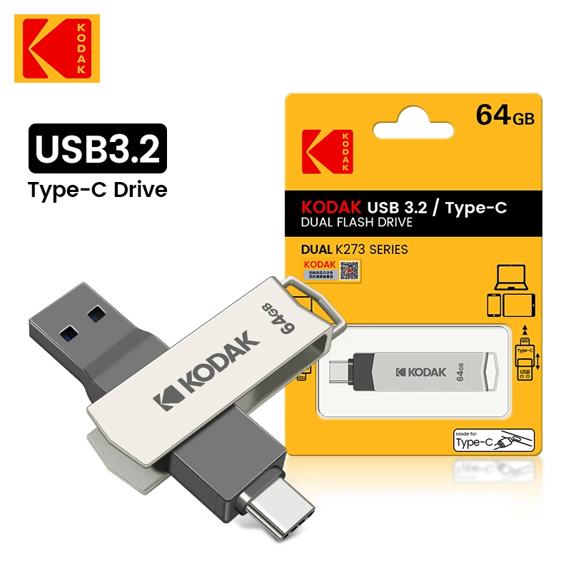 Flash Drive KODAK USB 3.2 Ultra Dual Drive 64GB USB Type-C SDDDC4 USB3.2 Pendrive 64G Metal OTG Phone